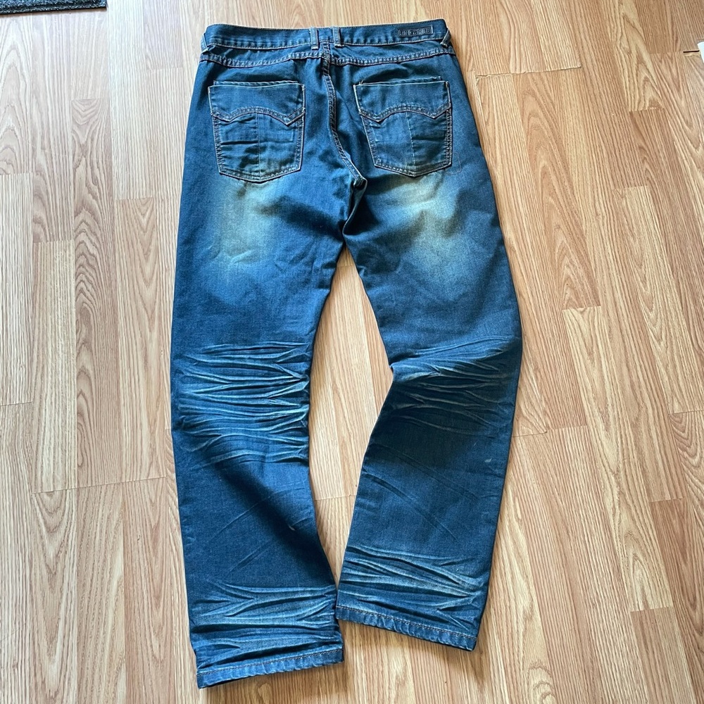 Ring of Fire blue jeans 34 x 32 slim straight stretch fade distress 7 pocket fun